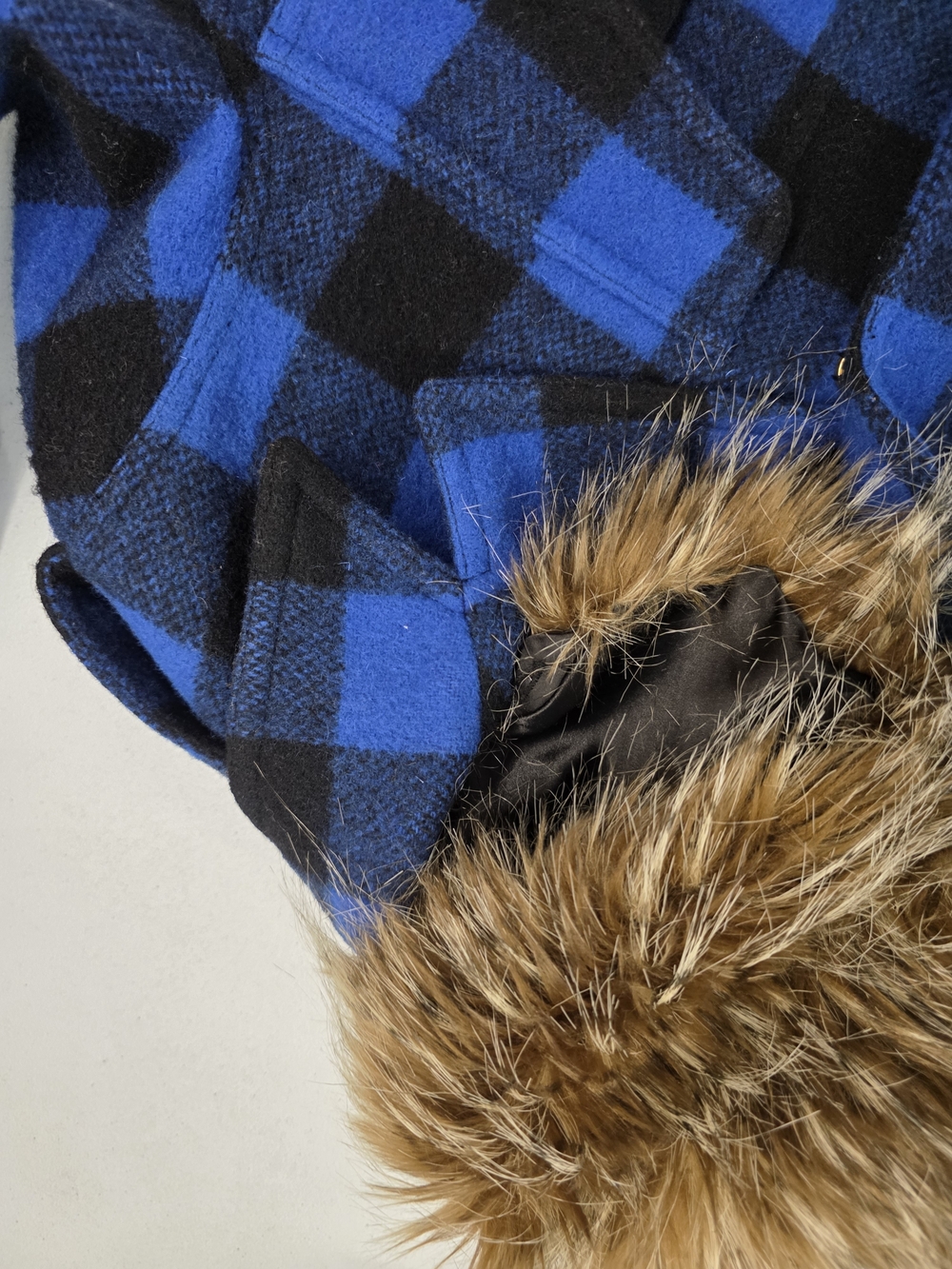 Smythe Wool Black & Electric Blue Buffalo Checks barn jacket with Faux Fur Trim - Picture 8 of 16